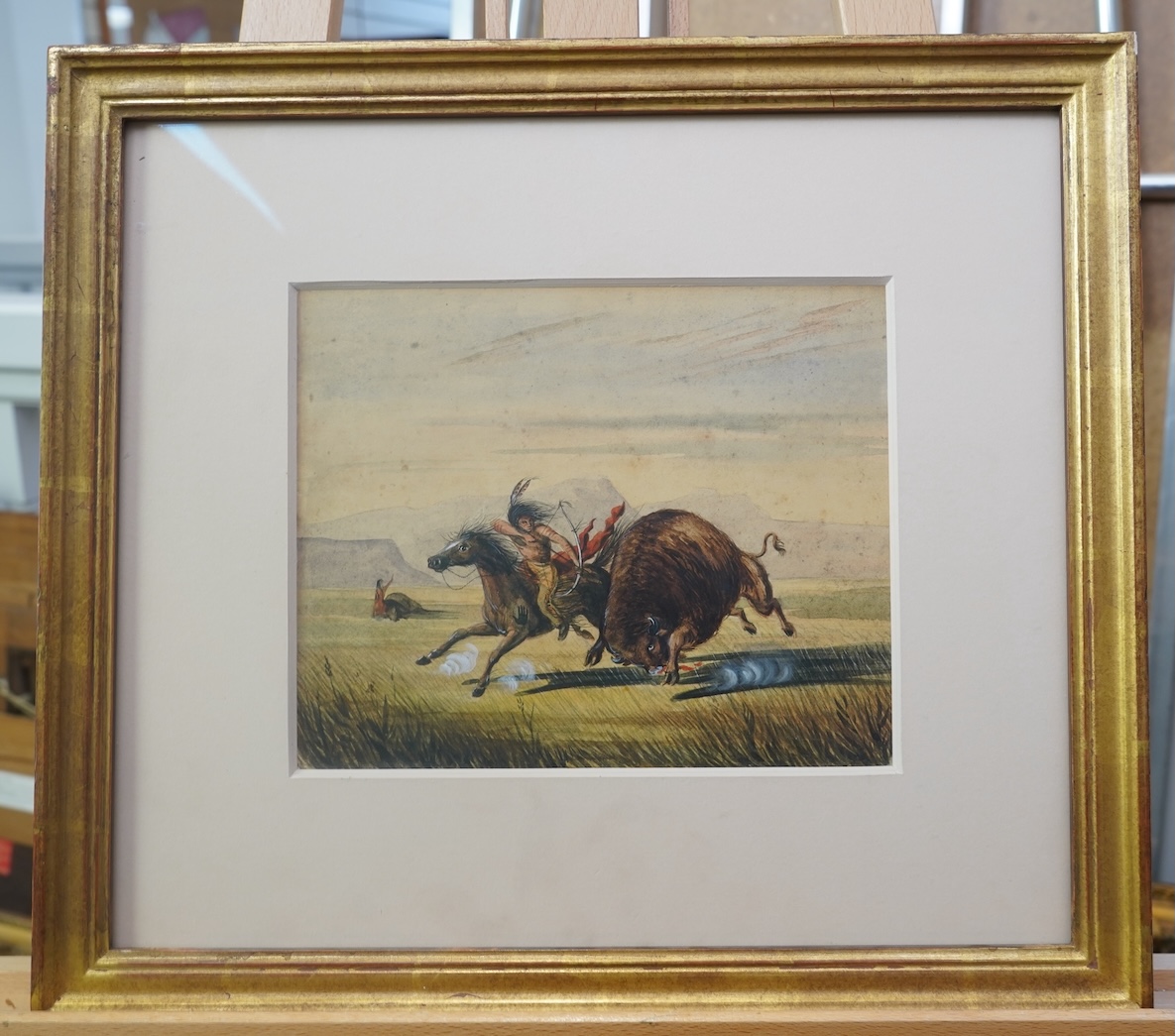 Attributed to Alfred Jacob Miller, American 1810-1874, A Native American slaying a buffalo (American Bison)